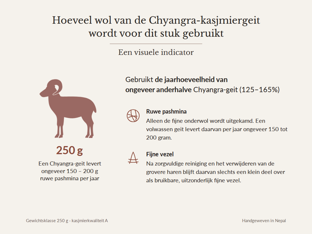 Afbeelding: 250 g kasjmier – komt overeen met de natuurlijke jaaropbrengst aan kasjmierwol van 3,1 Chyangra-geiten