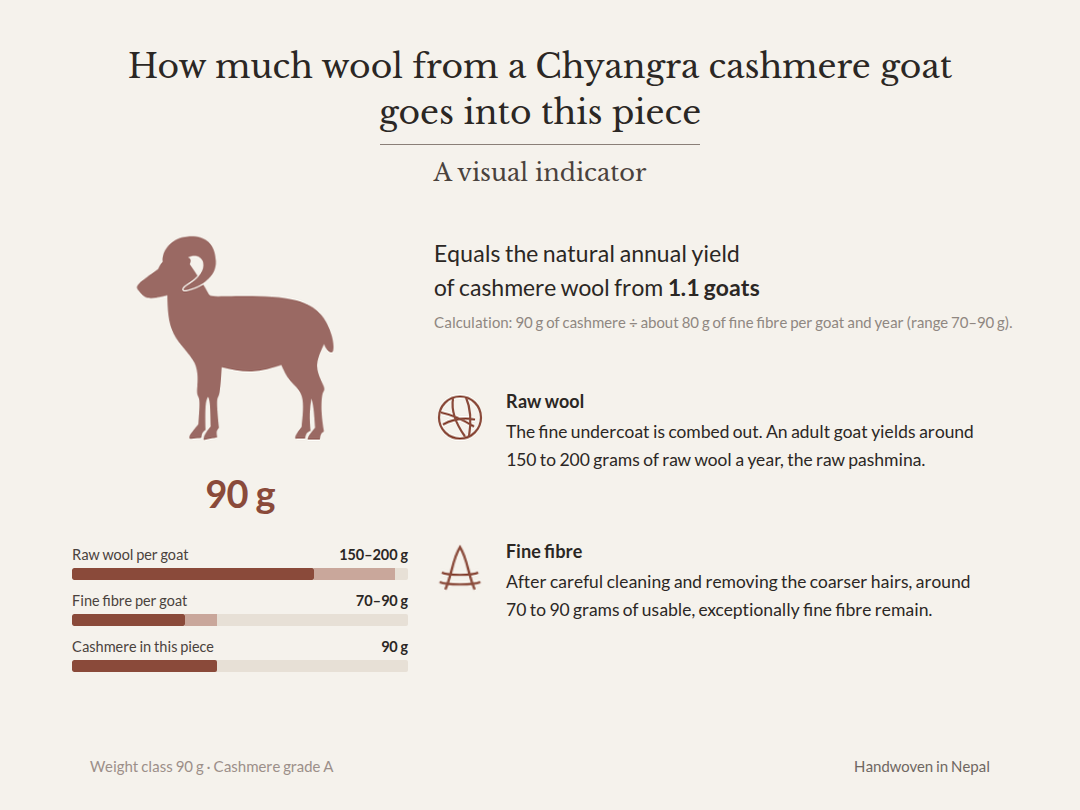 Graphic: 90 g of cashmere – equals the natural annual yield of cashmere wool from 1.1 Chyangra goats