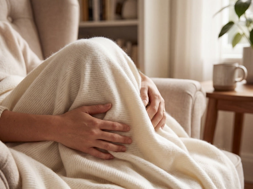 Person auf einem Sofa, in eine cremefarbene Kaschmirdecke gehüllt