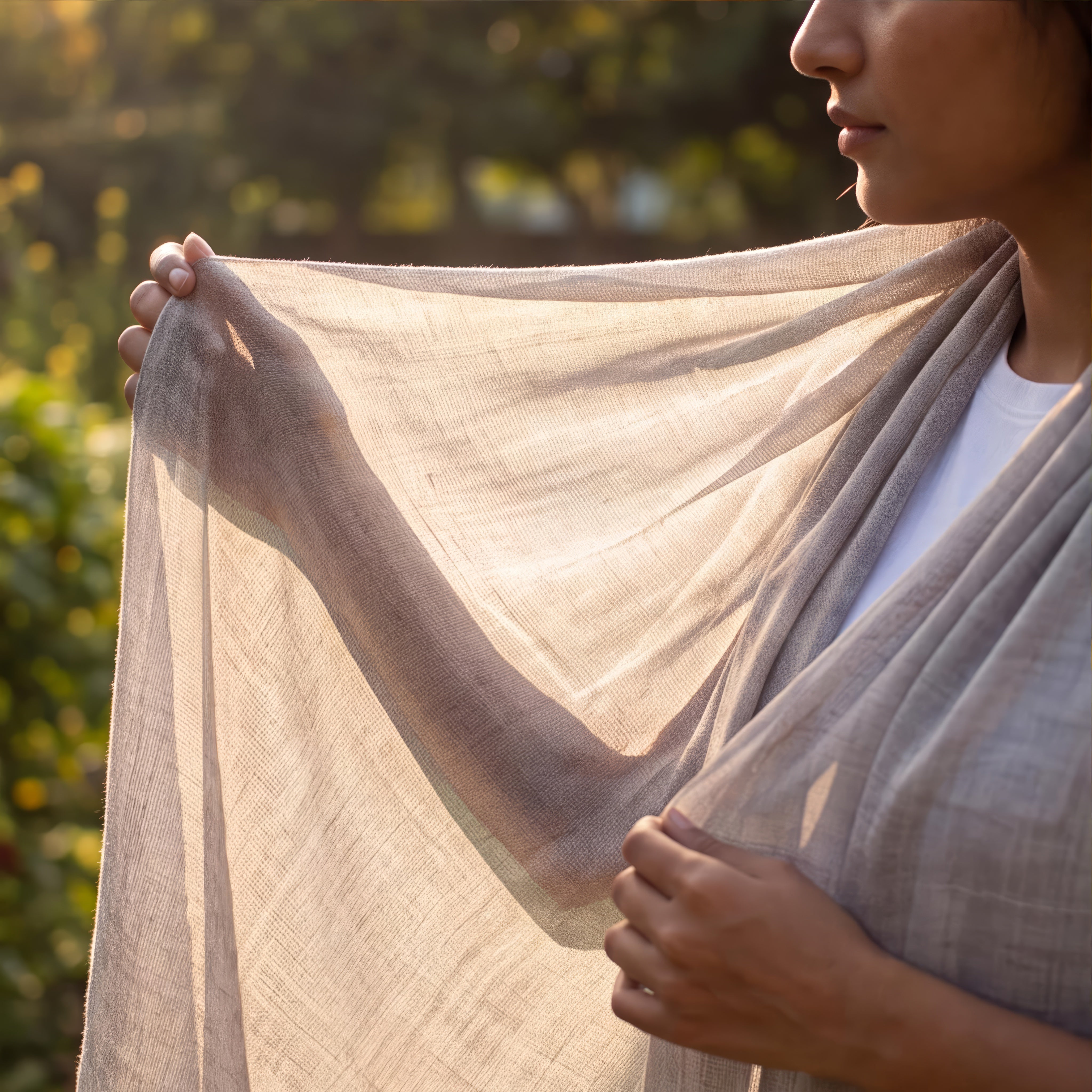 Eine Frau hält im Garten ein feines beigegraues Kaschmirtuch ins Gegenlicht, das Gewebe scheint durch, die Fransen sind sichtbar