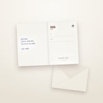Opened voucher card: on the left, free space for your own lines; on the right, the amount and voucher code; the envelope beside it