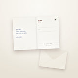 Opened voucher card: on the left, free space for your own lines; on the right, the amount and voucher code; the envelope beside it