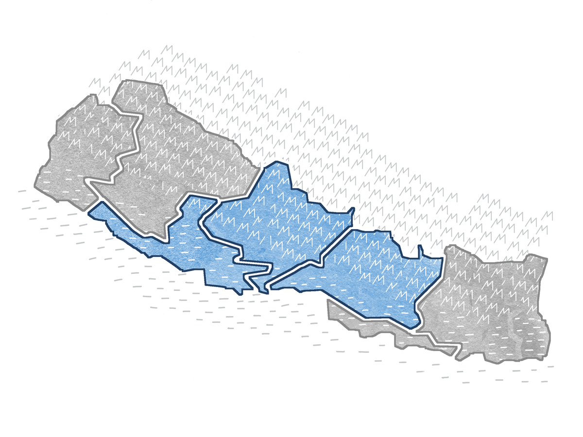 Gezeichnete Karte Nepals mit den sieben Provinzen; Lumbini, Gandaki und Bagmati blau hervorgehoben